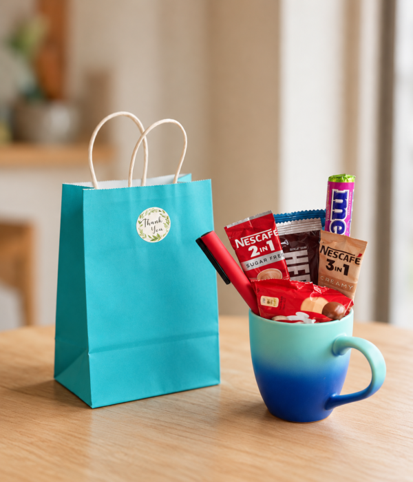 Blue Coffee & Treats Gift Set with ceramic mug and treats for party favors Dubai