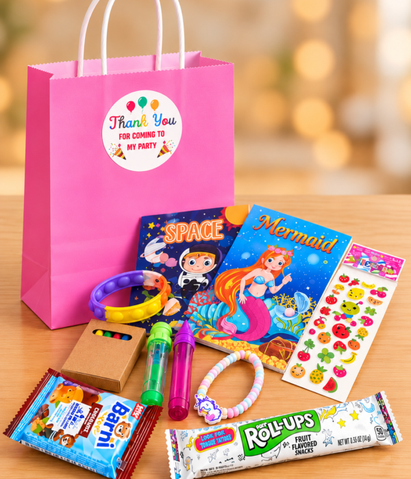Colorful kids party bags with toys, activity books, crayons, stickers and treats for birthday parties in Dubai