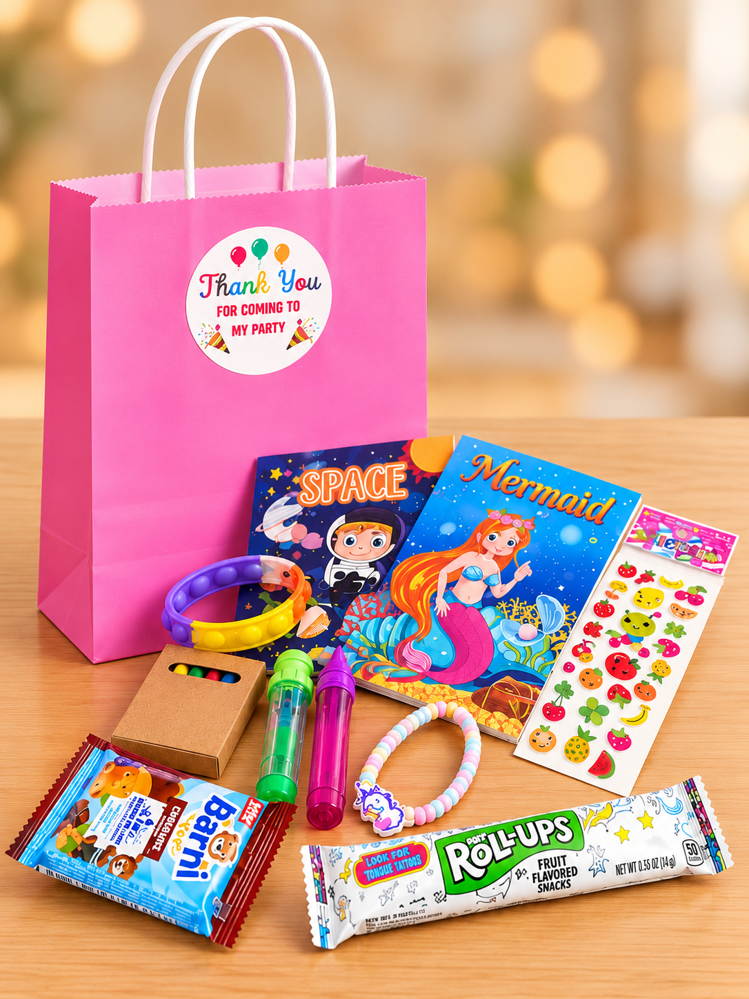 Colorful kids party bags with toys, activity books, crayons, stickers and treats for birthday parties in Dubai