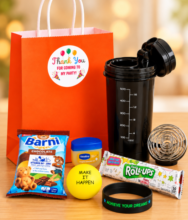 Kids party bag with shaker bottle, chocolate snacks, stress ball, wristband and orange thank-you gift bag in Dubai