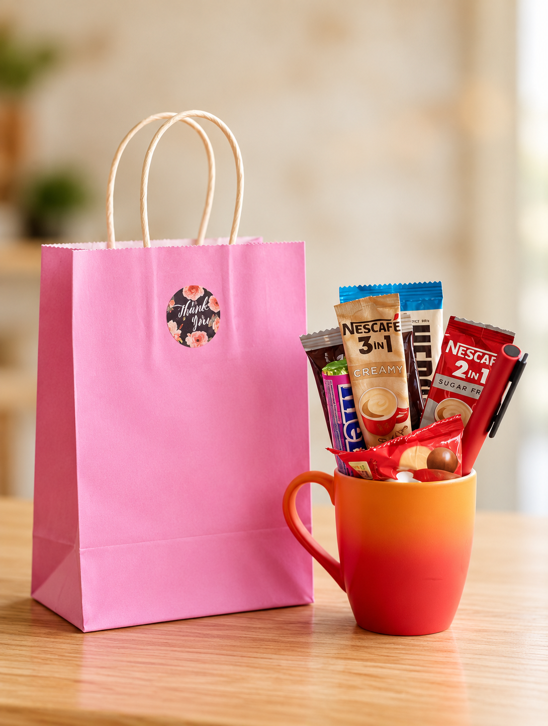 Pink Coffee Treats Gift Set with pink thank-you bag, orange-red ceramic mug, Nescafé coffee sachets and chocolates