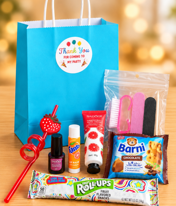Kids party bag with beauty accessories, manicure kit, nail polish, hand cream and sweet treats in Dubai